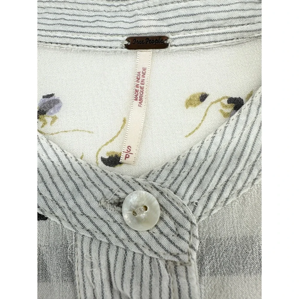 Free People Striped Floral Sheer Yoke Tunic Blouse Gray White Small FLAWED